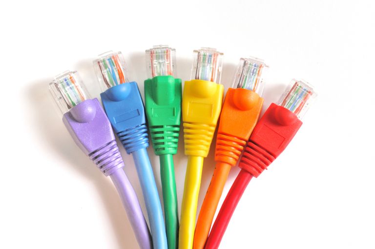 A rainbow of coloured RJ45 ethernet patch cables.