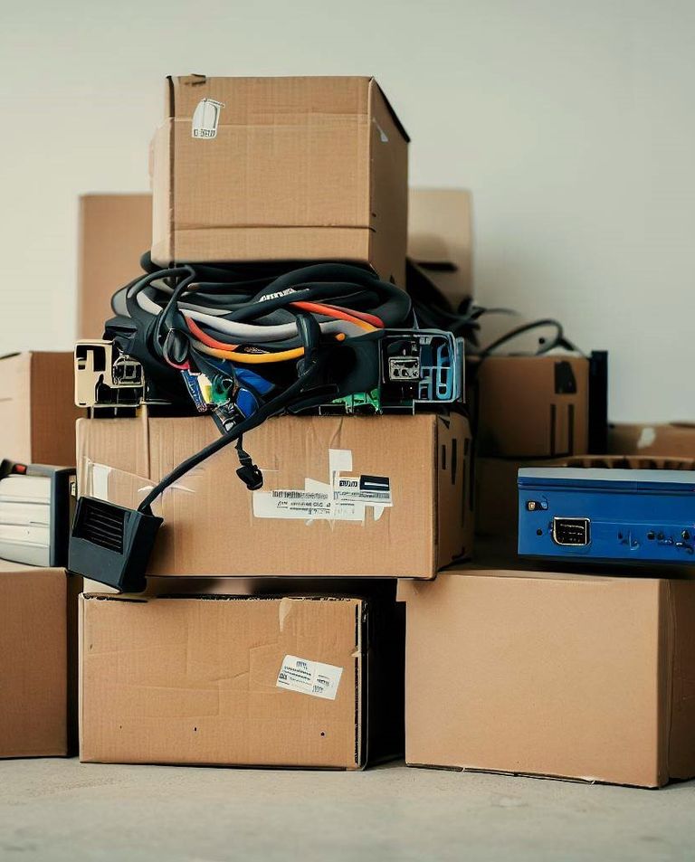 Boxes and equipment in a pile.